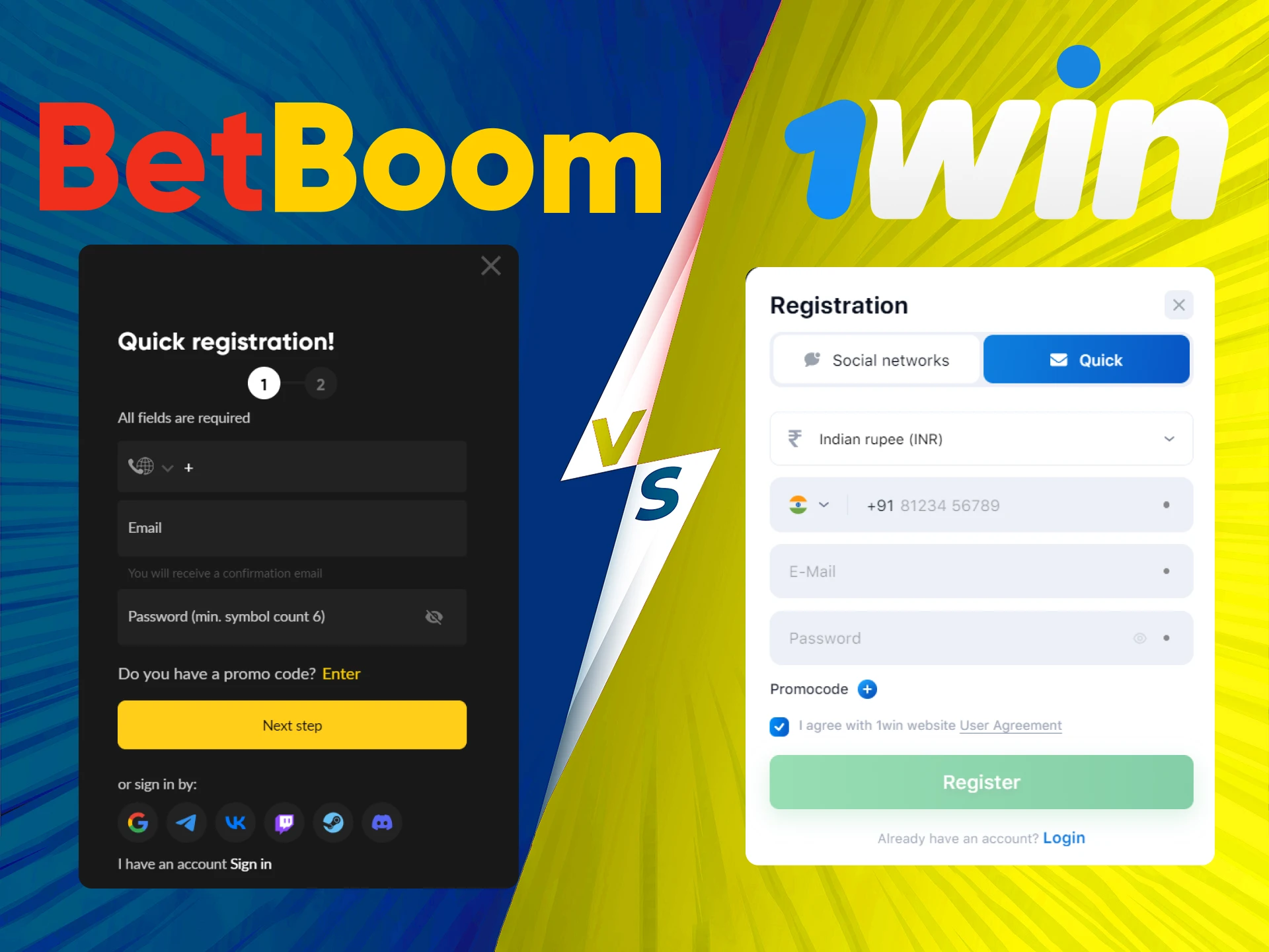 Learn the differences in the registration process between 1win and BetBoom.