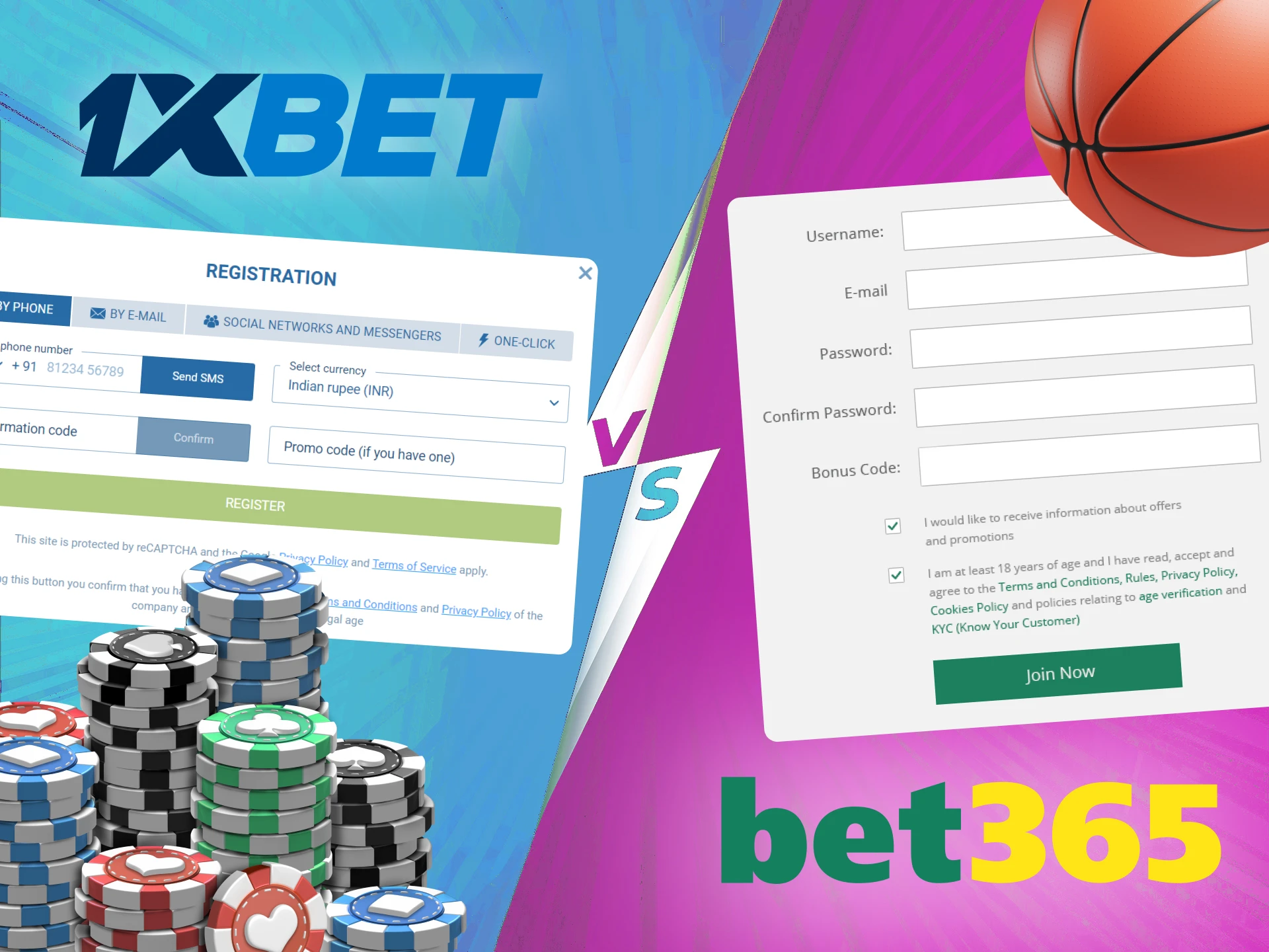 Register at 1xbet or bet365 to start betting.