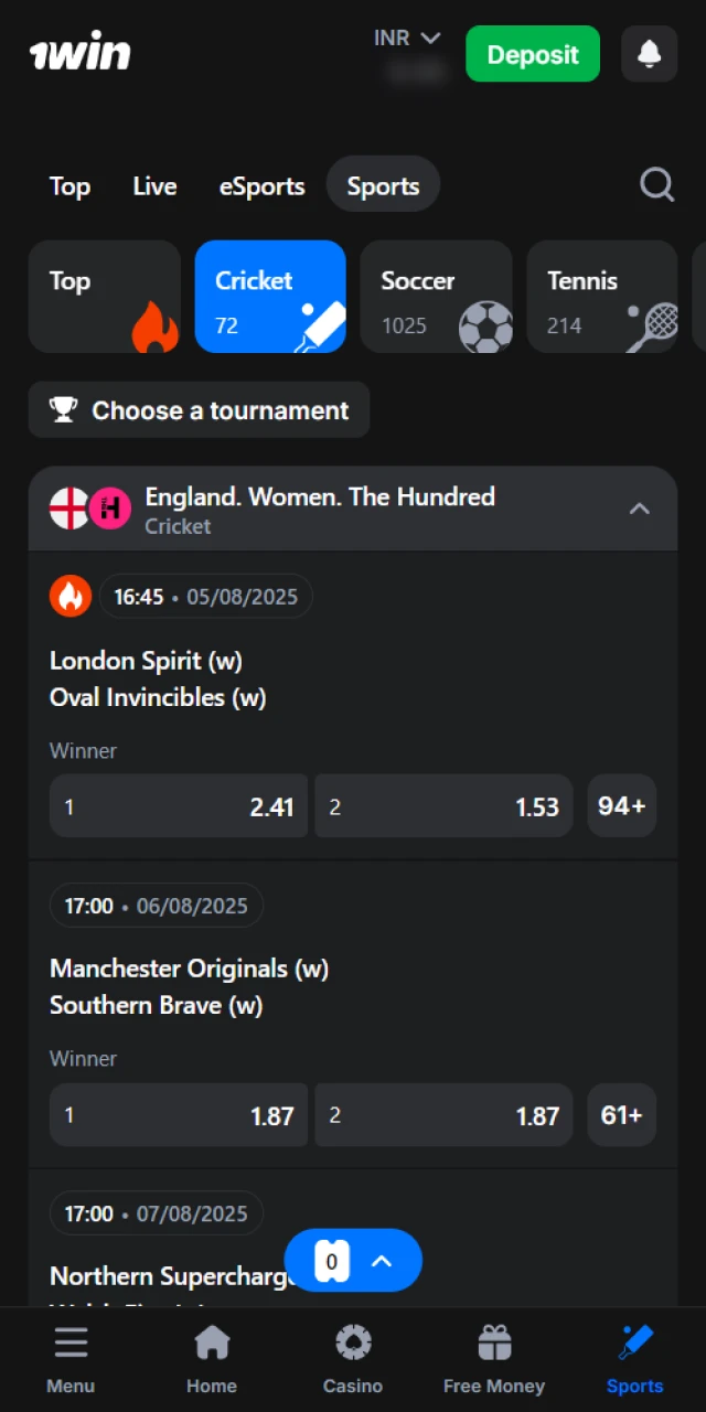 Once you have made your deposit, head over to the cricket betting section.